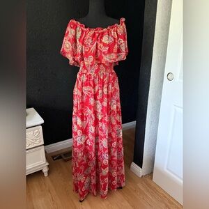 Rabbit Rabbit Rabbit Sheer W/liner Red Floral Maxi Dress M Off The Shoulder